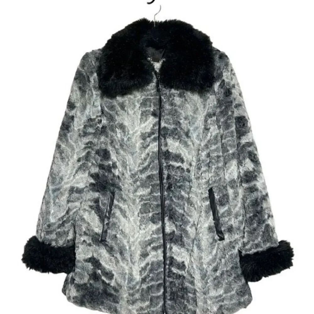 Dennis Basso Sterling Black and Grey Faux Fur Shearling Coat Size XXS